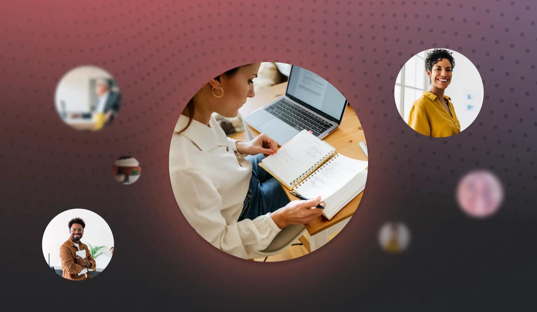 Eine Frau sitzt an einem Tisch mit Laptop und Notizbuch. Drei weitere Personen sind in kleineren Kreisen abgebildet.