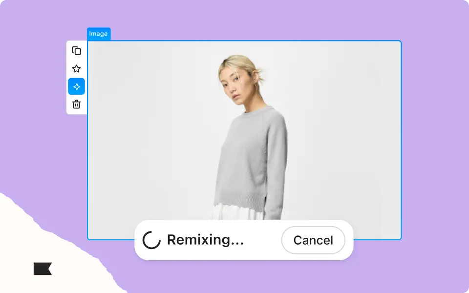 Person in a grey sweater with a neutral expression, surrounded by a digital editing interface on a purple background.