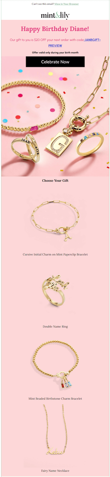 Image shows a marketing email from Mint & Lily that gives a discount for the subscriber's birthday month. 