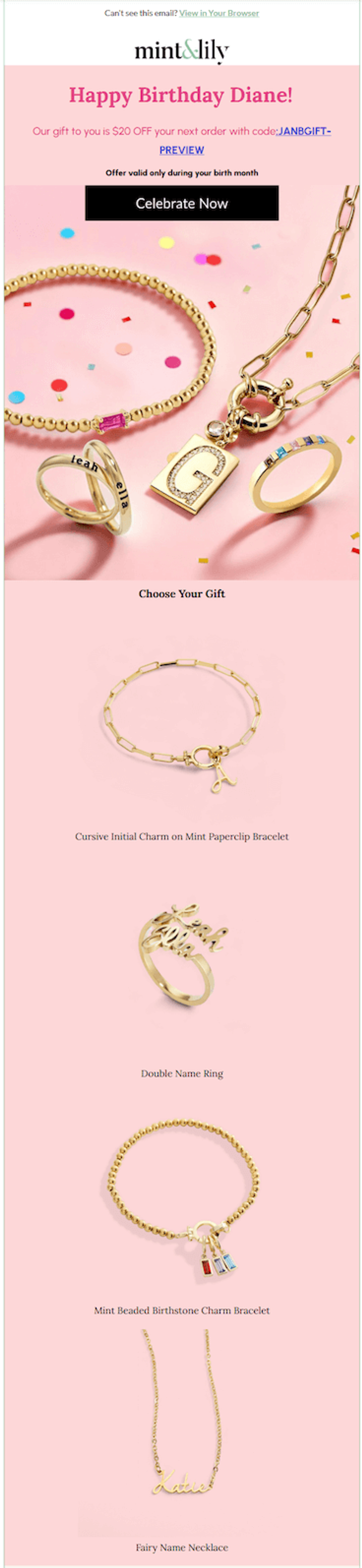 Image shows a marketing email from Mint & Lily that gives a discount for the subscriber's birthday month.