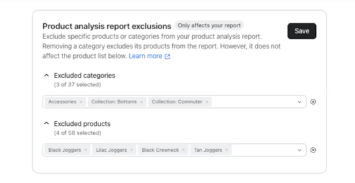 Product analysis report exclusions UI showing excluded categories and products.