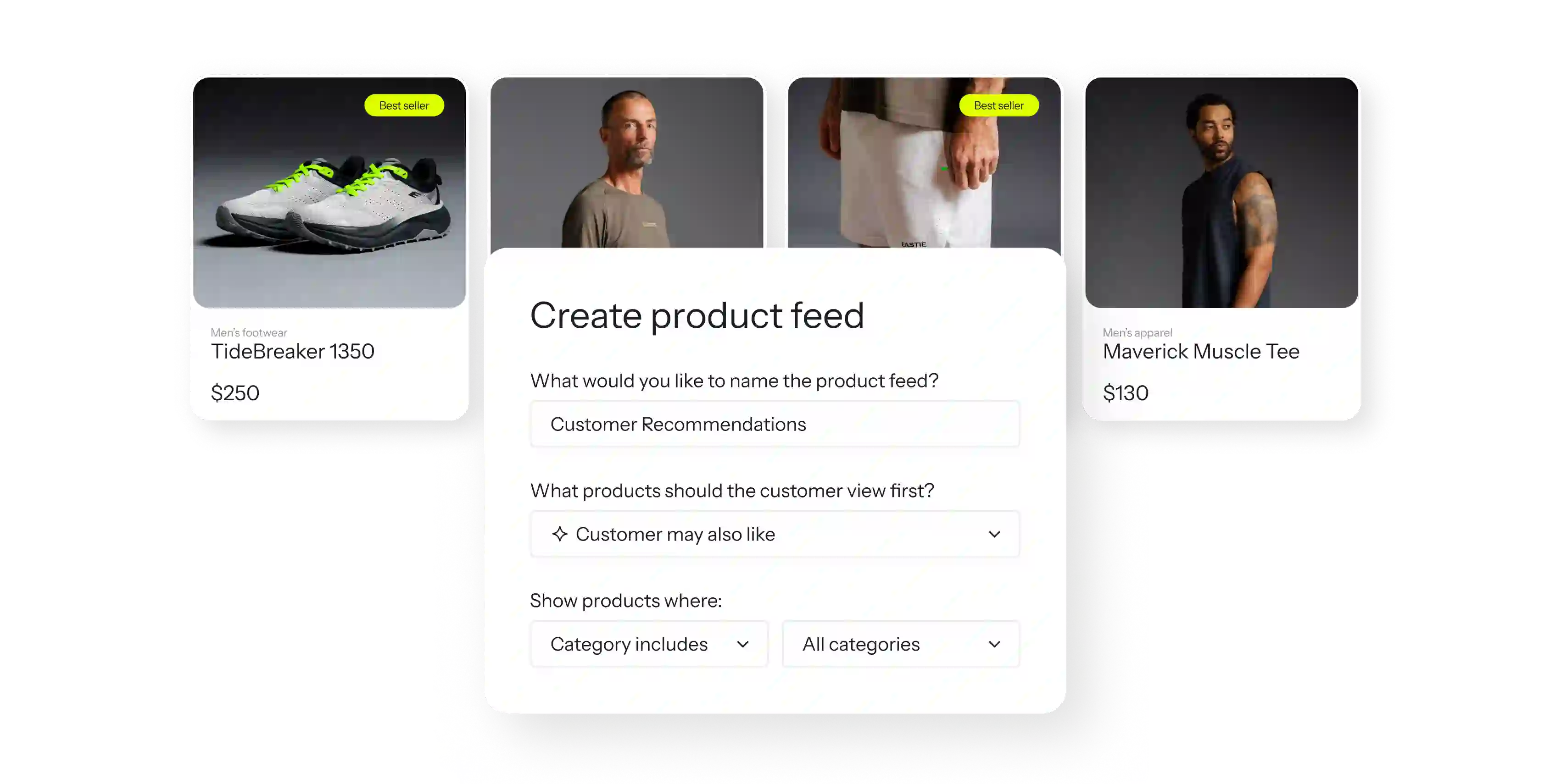 Product feed creation form overlaid on product cards for men's footwear and apparel.