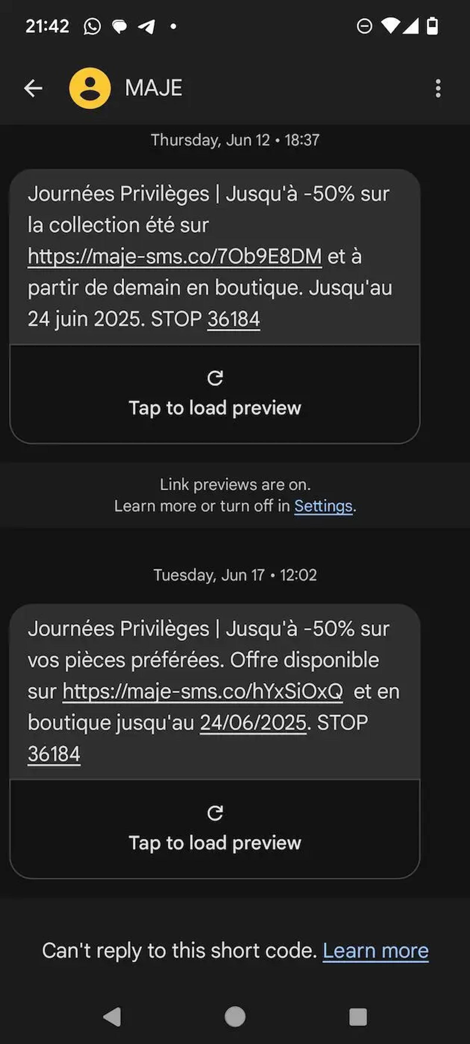 SMS promotionnel de Maje : « Journées Privilèges | Jusqu’à -50% sur vos pièces préférées. Offre disponible sur https://maje-sms.co/hYxSiOxQ et en boutique jusqu’au 24/06/2025. STOP 36184 »
