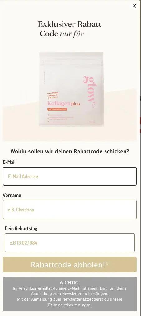 Anmeldeformular für einen exklusiven Rabattcode mit Feldern für E-Mail, Vorname und Geburtsdatum. Produktabbildung: Kollagen plus.
