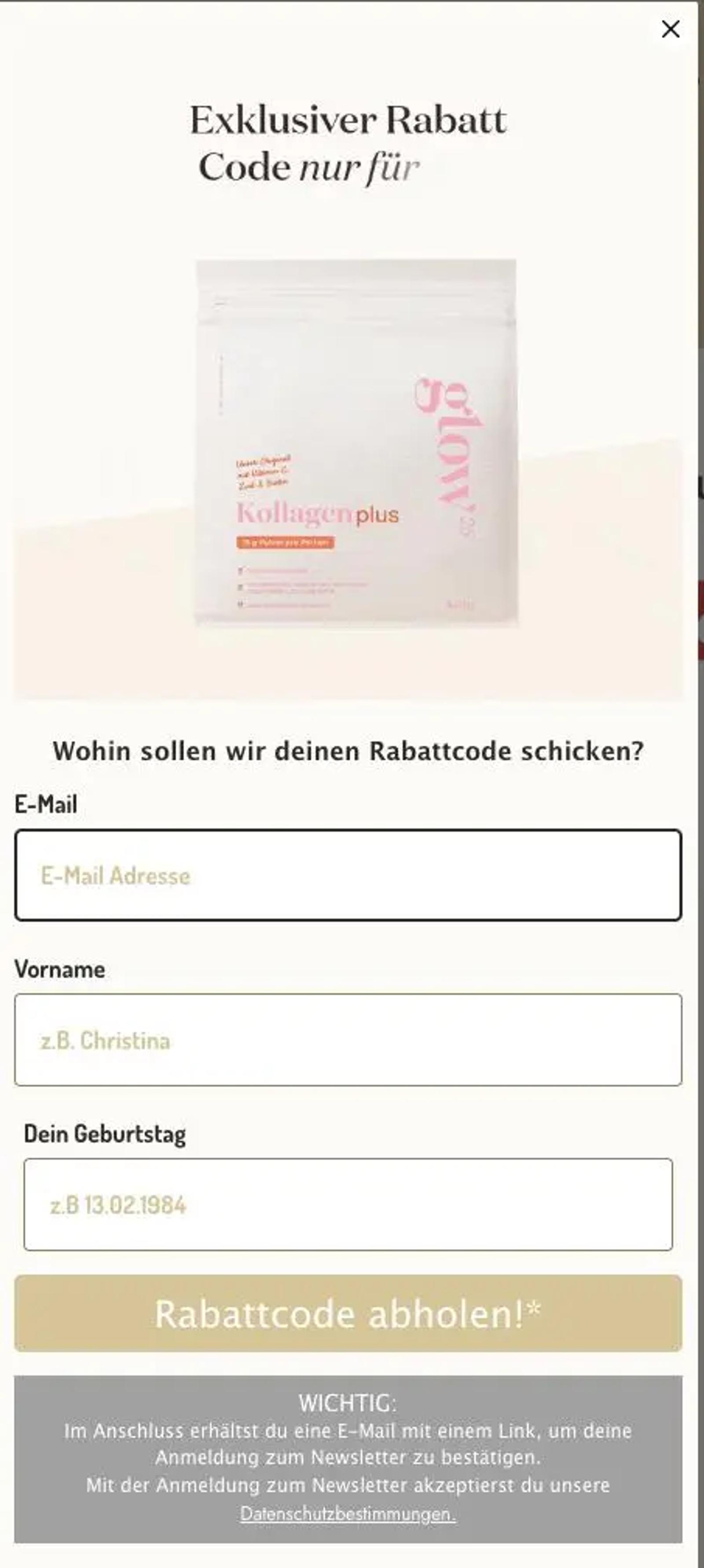 Anmeldeformular für einen exklusiven Rabattcode mit Feldern für E-Mail, Vorname und Geburtsdatum. Produktabbildung: Kollagen plus.