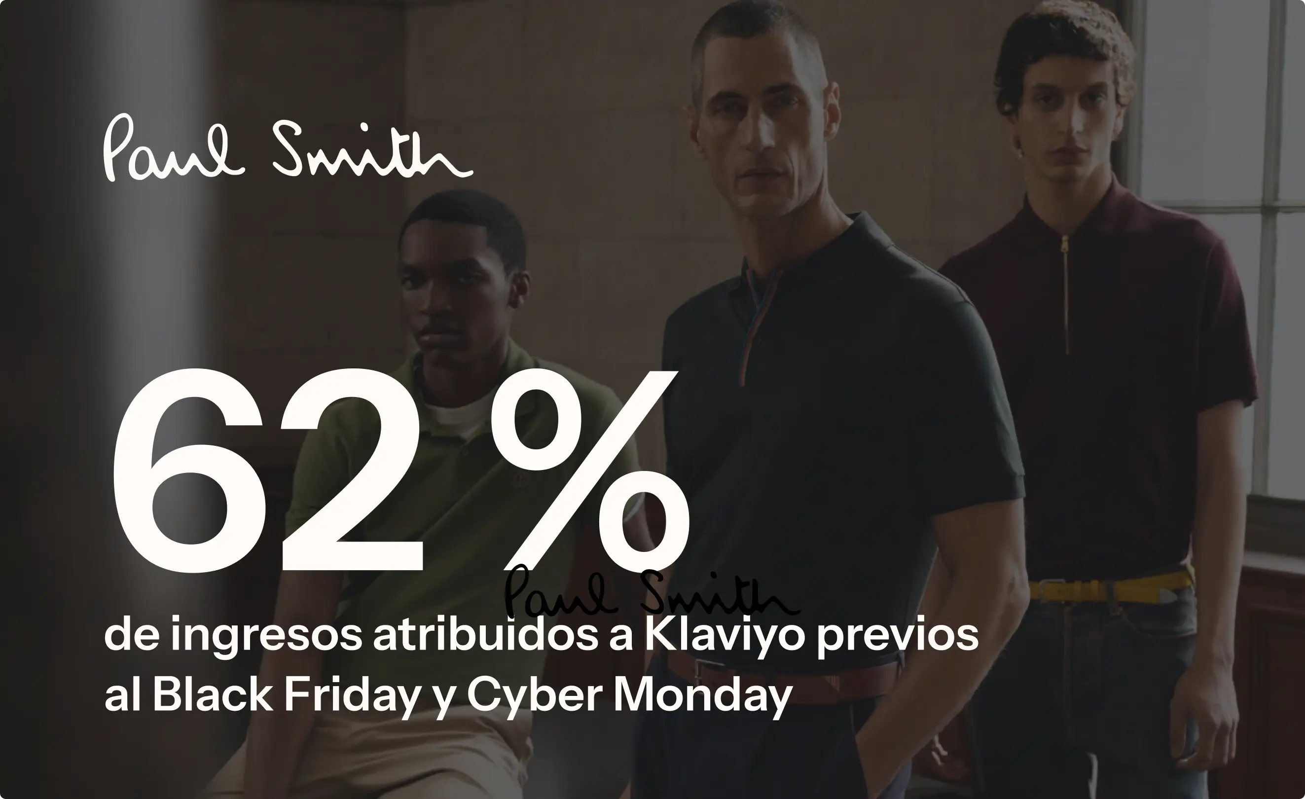 Texto "Paul Smith" con "62% de ingresos atribuidos a Klaviyo previos al Black Friday y Cyber Monday" sobre imagen de tres hombres.