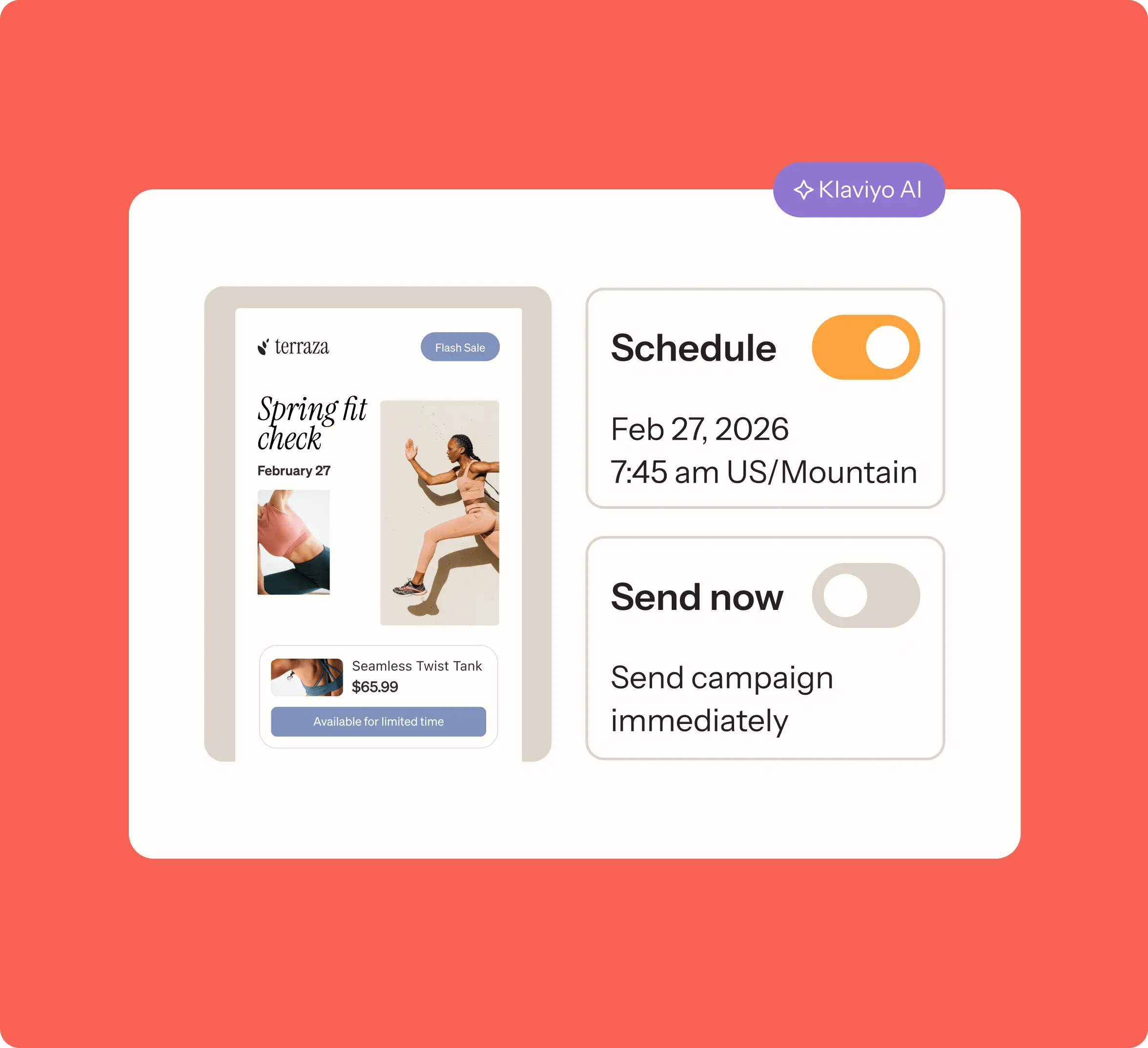 Email campaign scheduling interface with a preview of a "Spring fit check" ad for a seamless twist tank priced at $65.99.