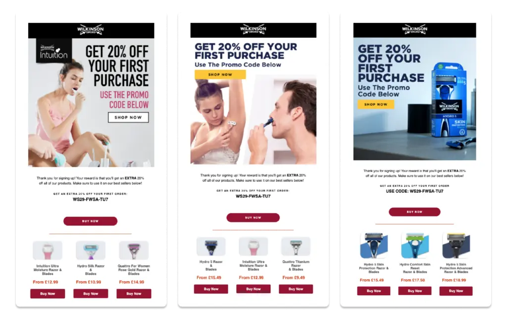 Screenshot delle e-mail di Wilkinson Sword