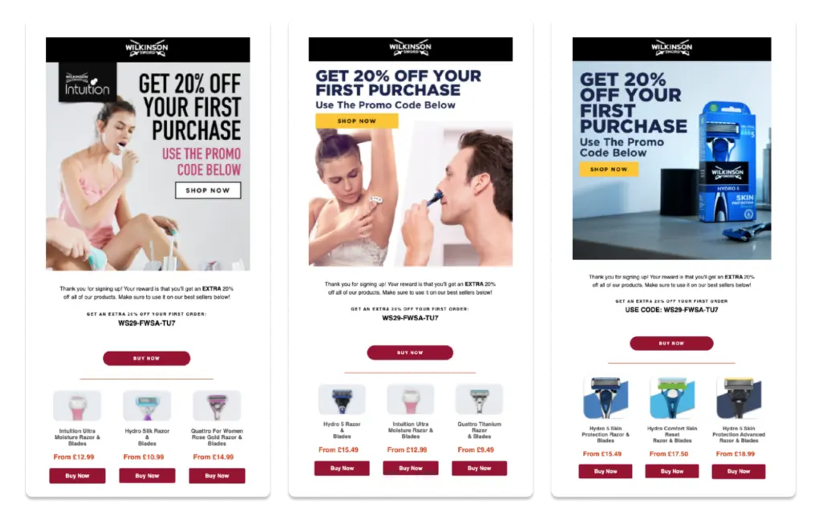 Screenshot delle e-mail di Wilkinson Sword