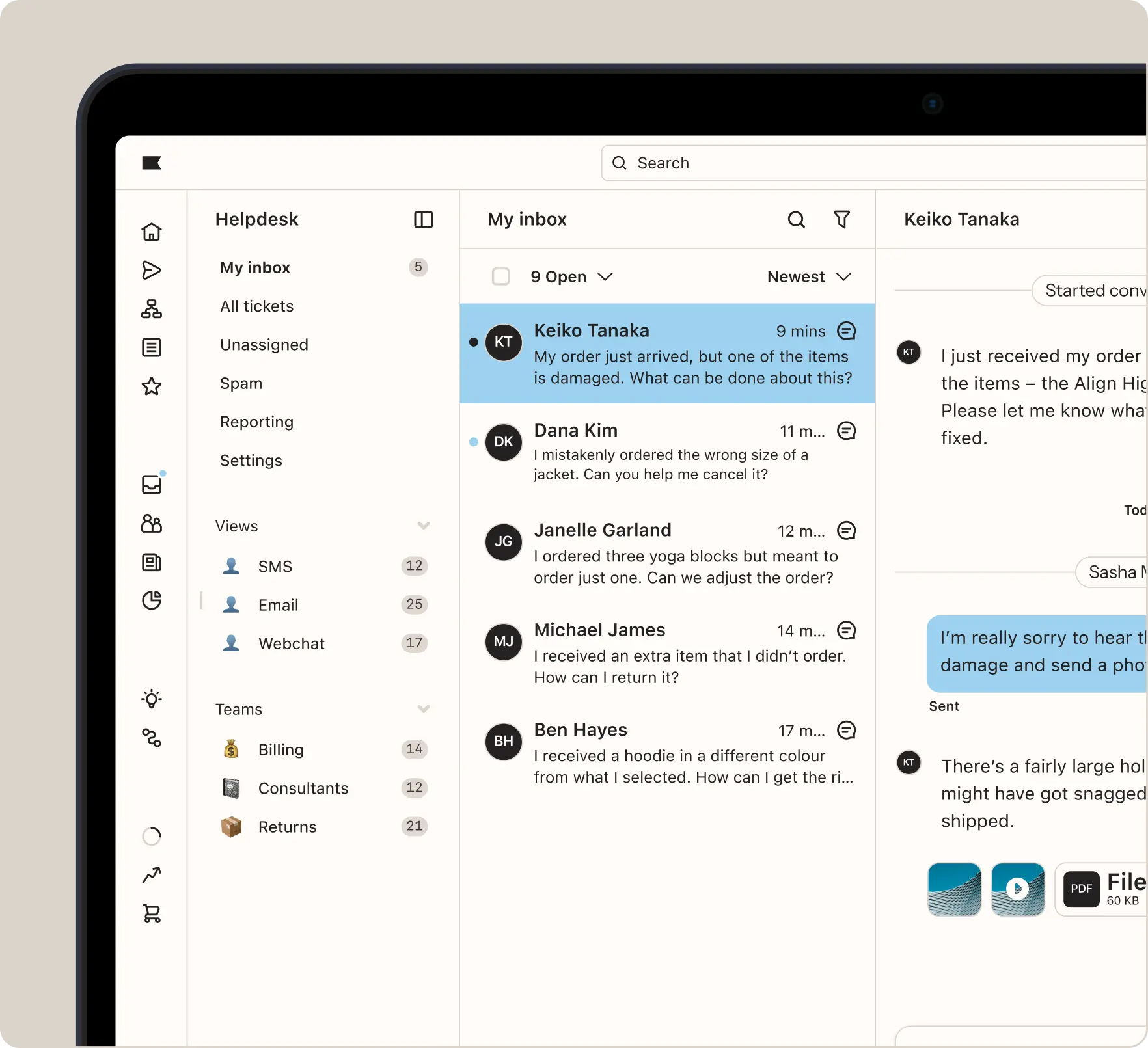Helpdesk software interface showing an inbox with customer messages. Selected message from Keiko Tanaka about a damaged order.