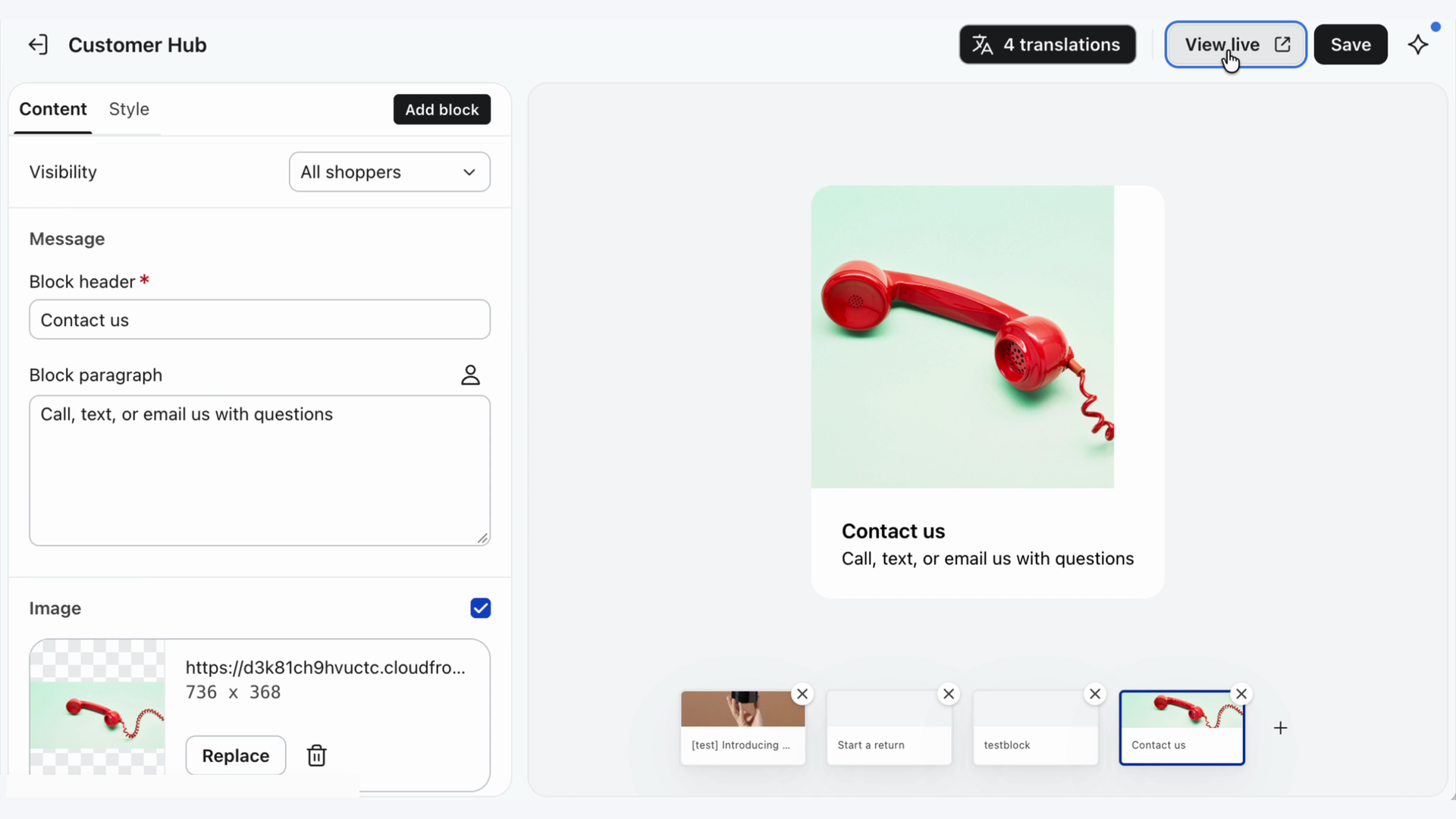 Web interface editing a 'Contact us' content block, displaying a red telephone receiver image and its preview.