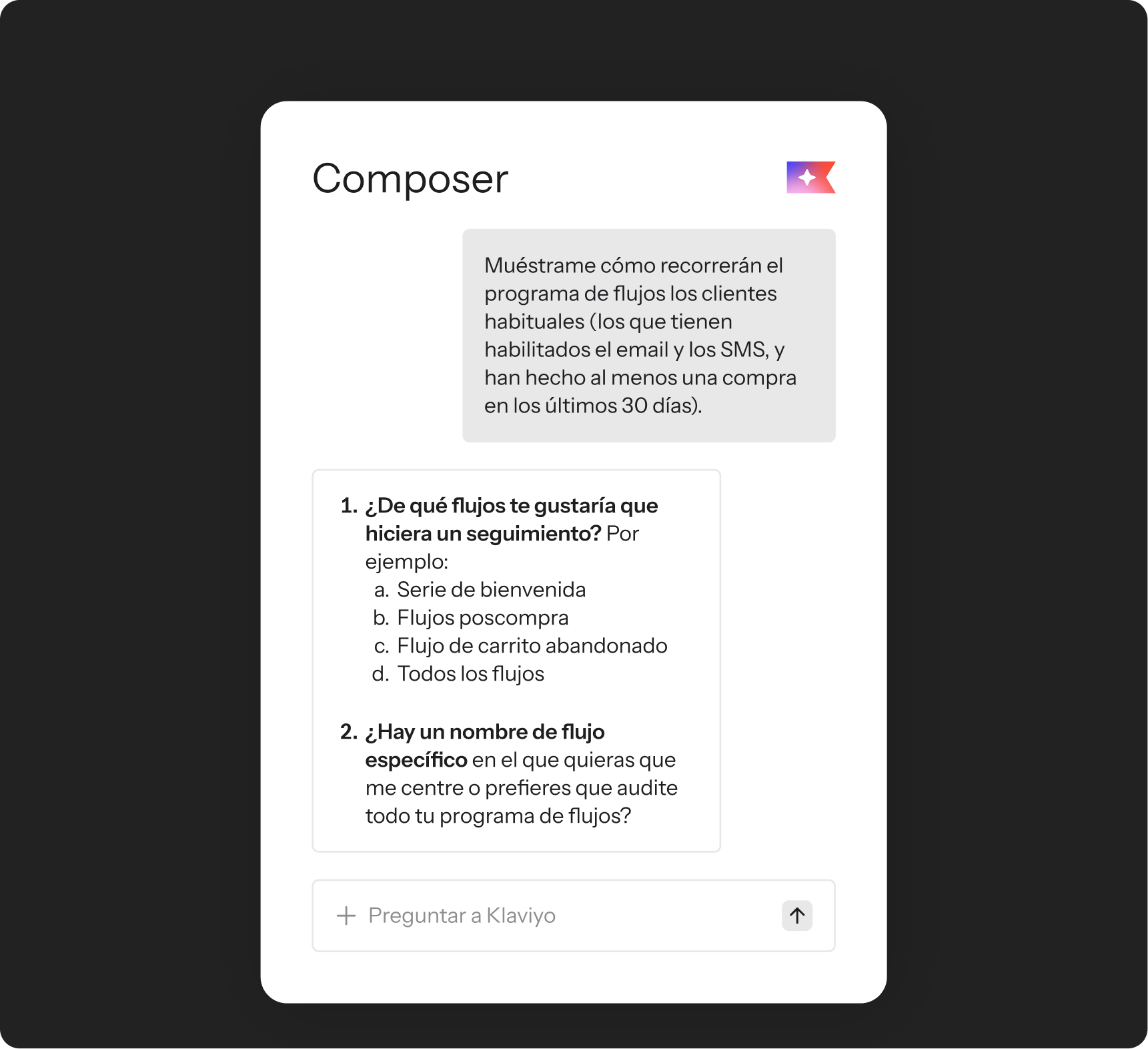 A white chat interface titled "Composer" displays questions in Spanish about customer marketing flows and an "Ask Klaviyo" button.