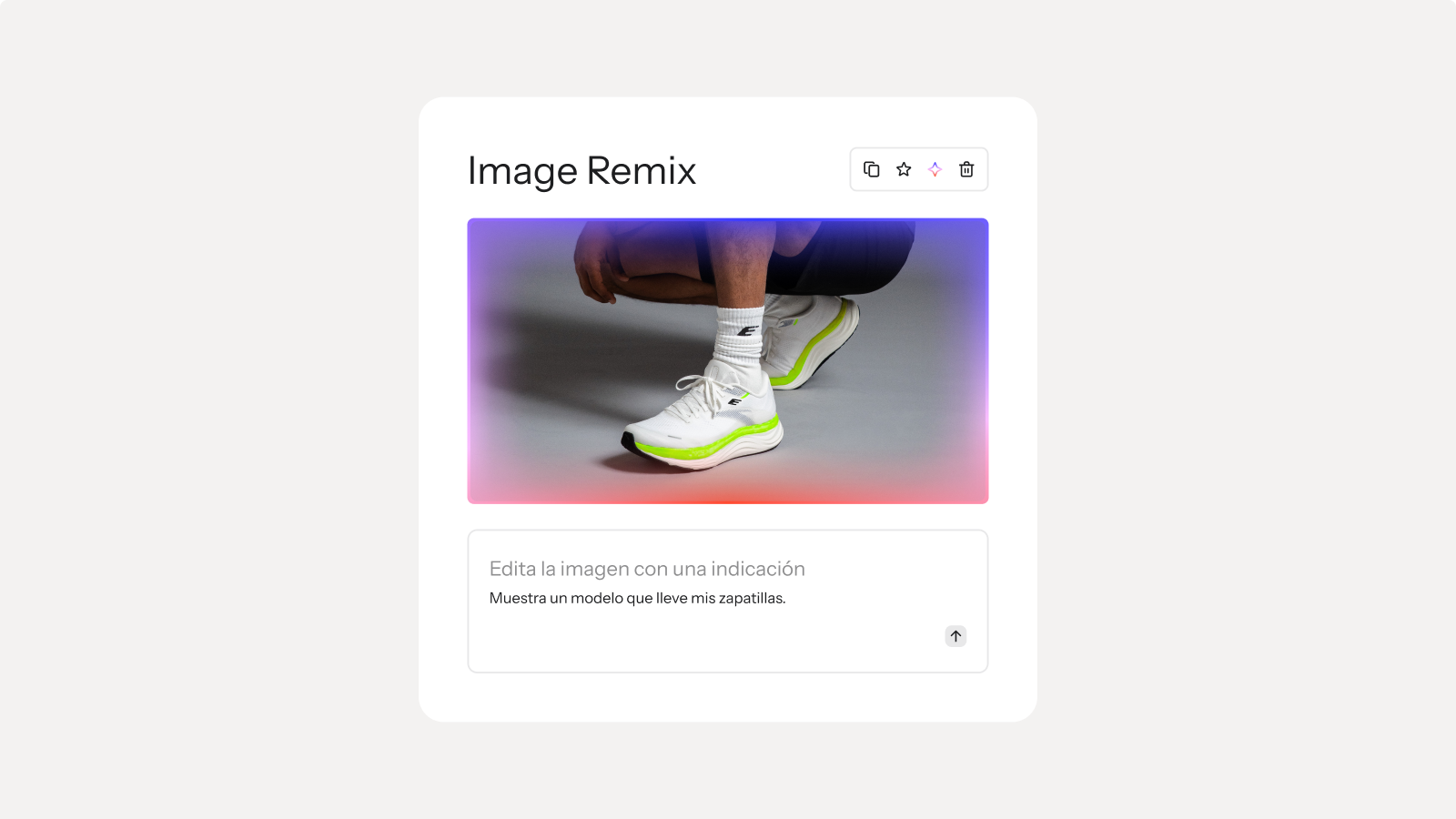 Image Remix interface showing a person crouching in white and neon yellow running shoes, with a text prompt for image generation.