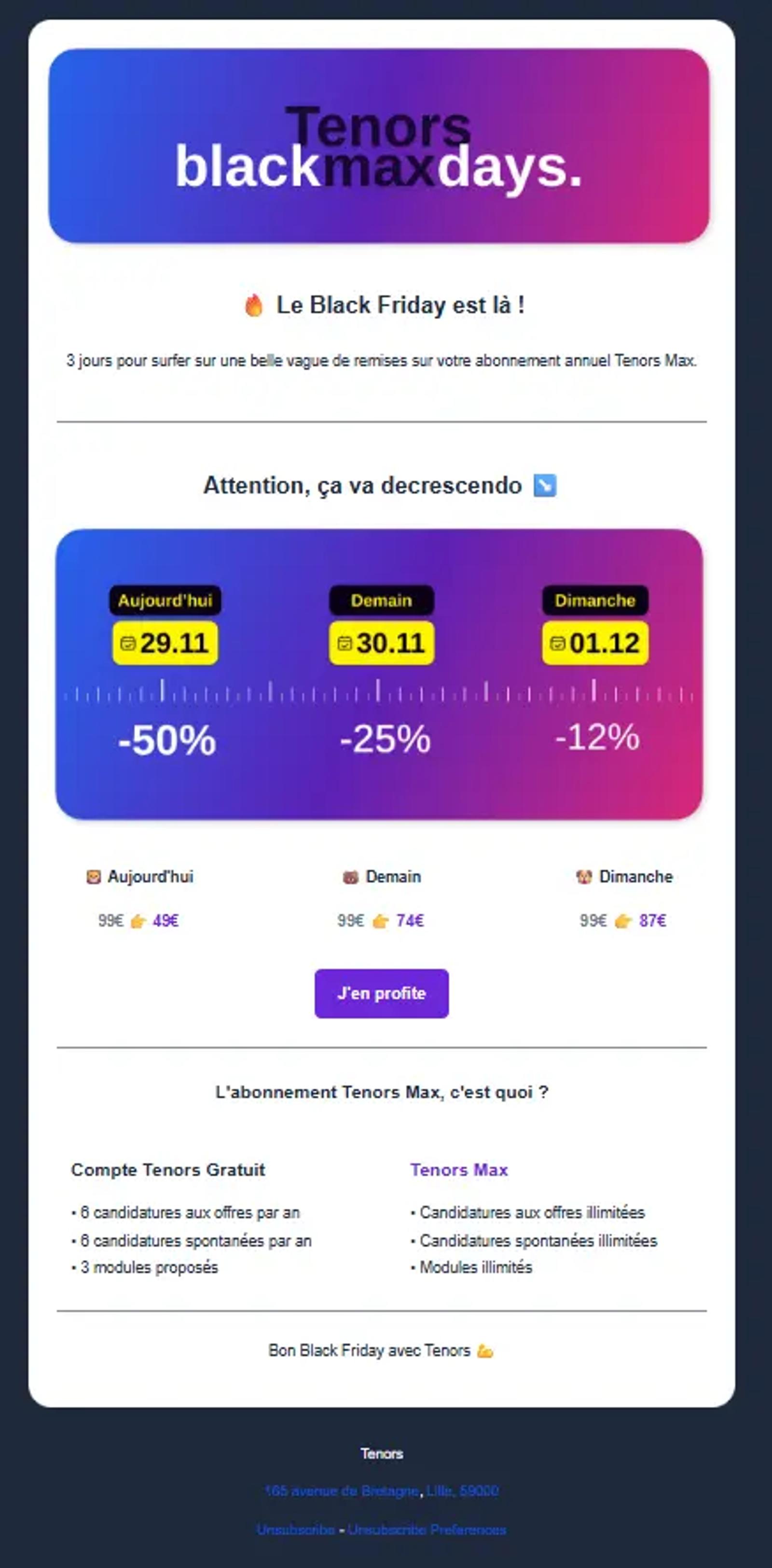  Newsletter Black Friday de Tenors, remises dégressives sur 3 jours avec -50 % à J1, design coloré et comparatif entre offre gratuite et premium.