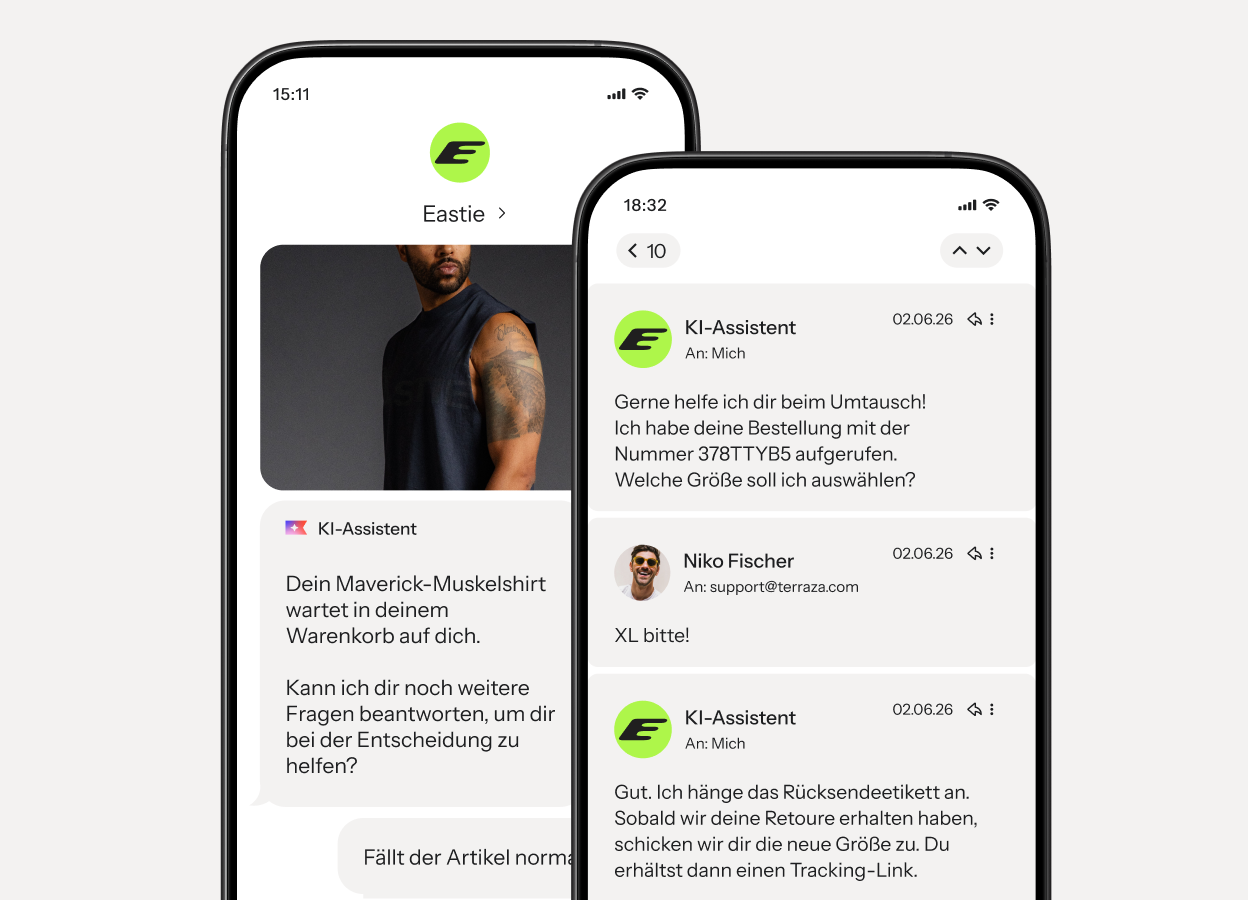 Two smartphones show an AI shopping assistant helping a customer choose a shirt size and arrange an exchange.
