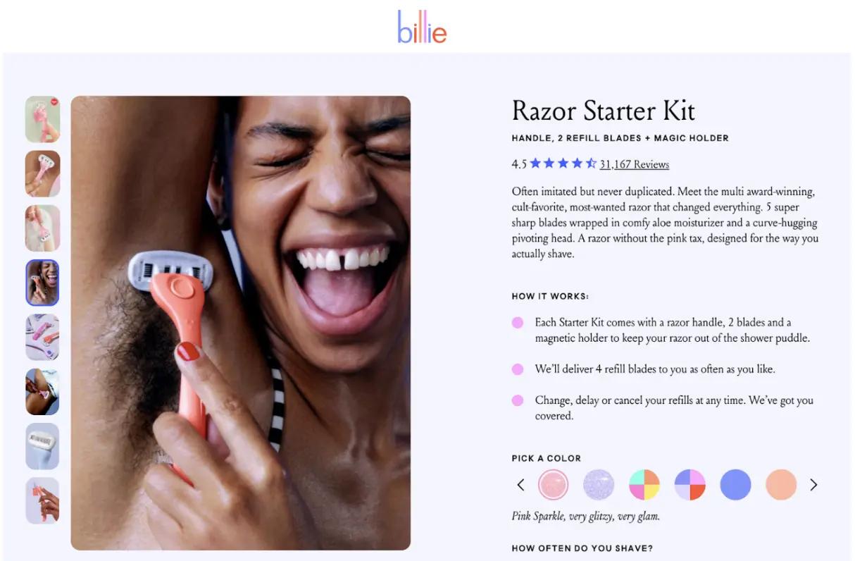 Woman smiling while shaving her armpit with a pink razor. Text describes a Razor Starter Kit by Billie.