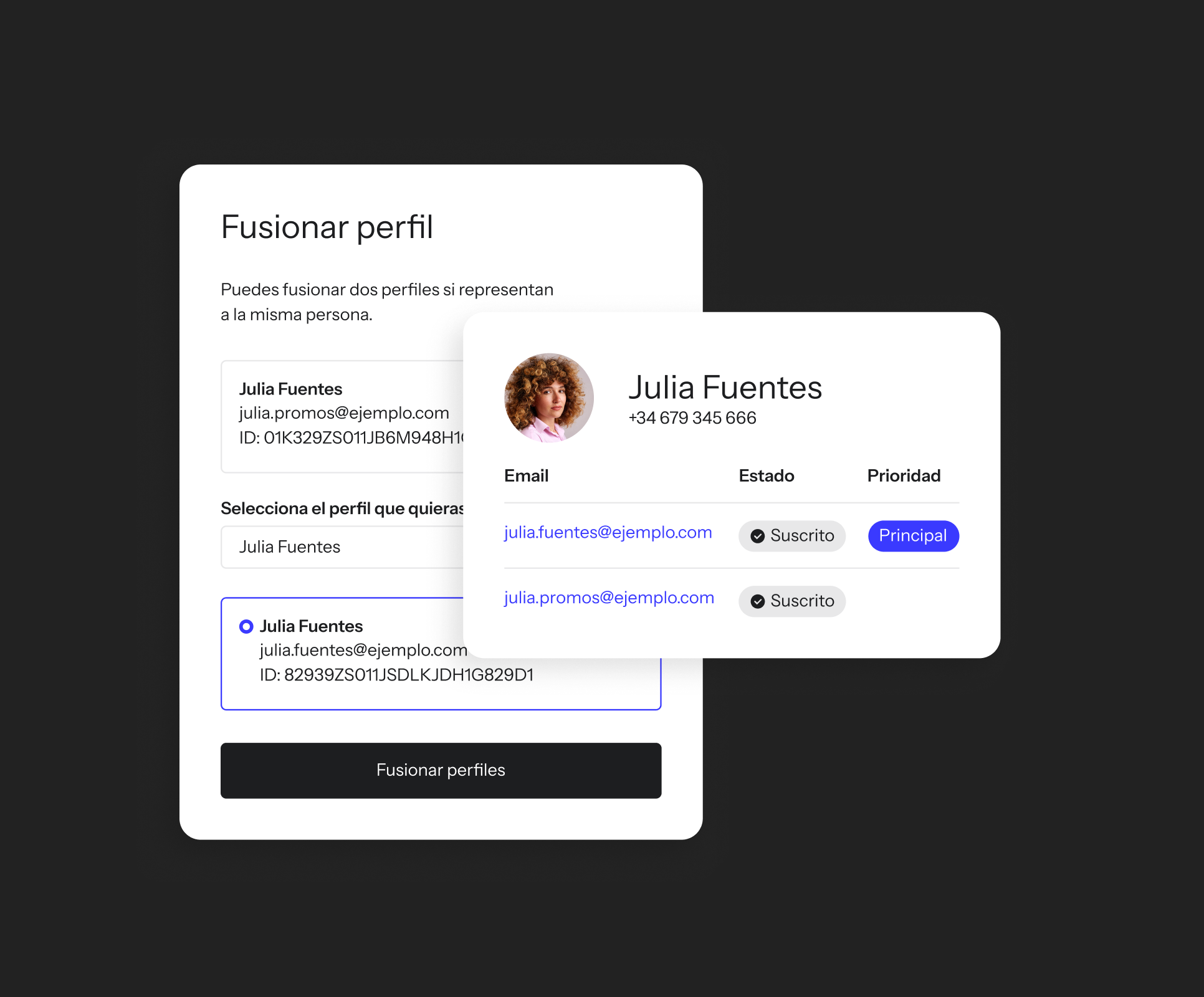 The Klaviyo "Merge profile" interface combining two Jane Foster profiles into one, with jane.foster@abc.com set as the primary email and jane.promos@abc.com as a secondary, both subscribed.