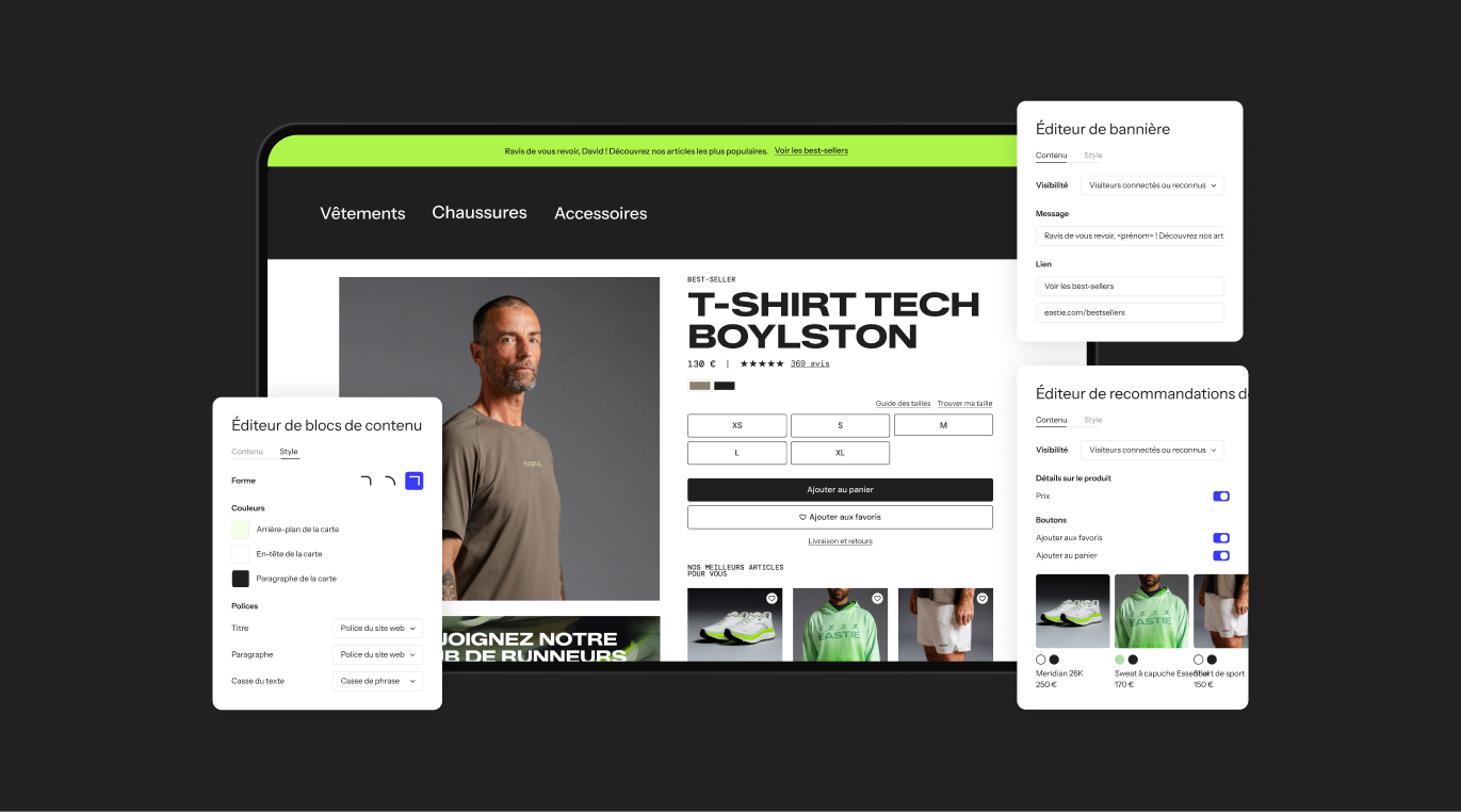 E-commerce product page on a screen with floating editor panels for content, banners, and recommendations.