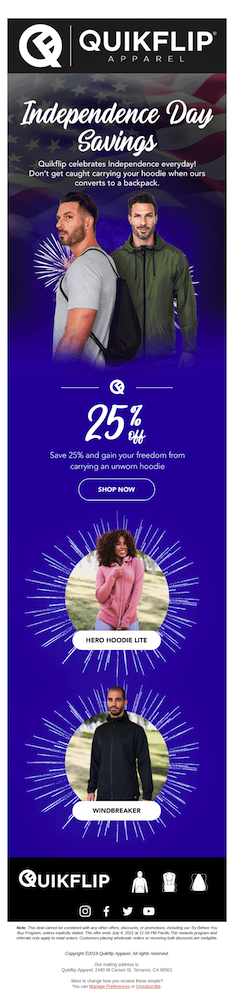 Quikflip Apparel Independence Day Savings ad featuring men and women in hoodies that convert to backpacks, offering 25% off.