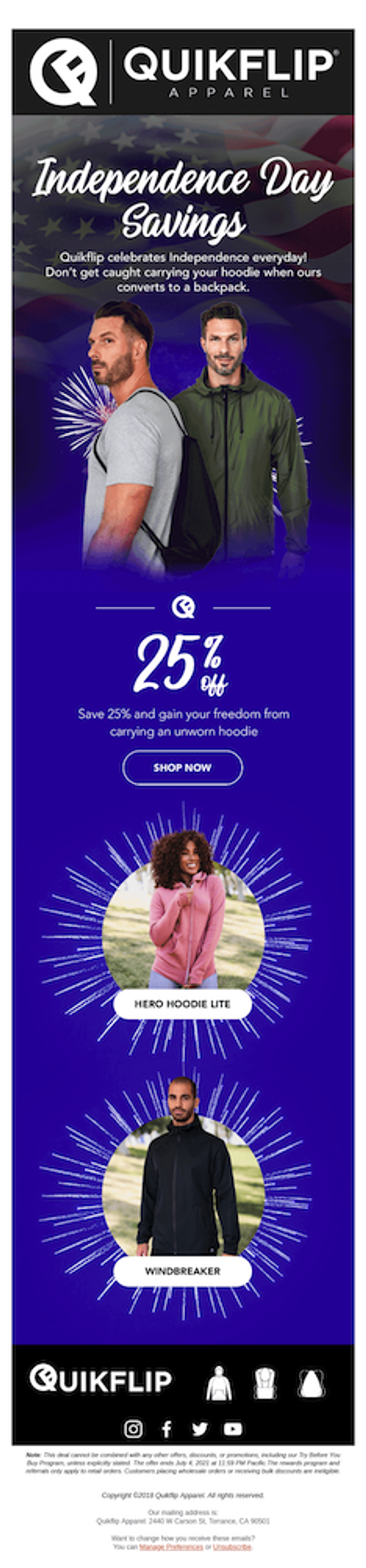 Quikflip Apparel Independence Day Savings ad featuring men and women in hoodies that convert to backpacks, offering 25% off.