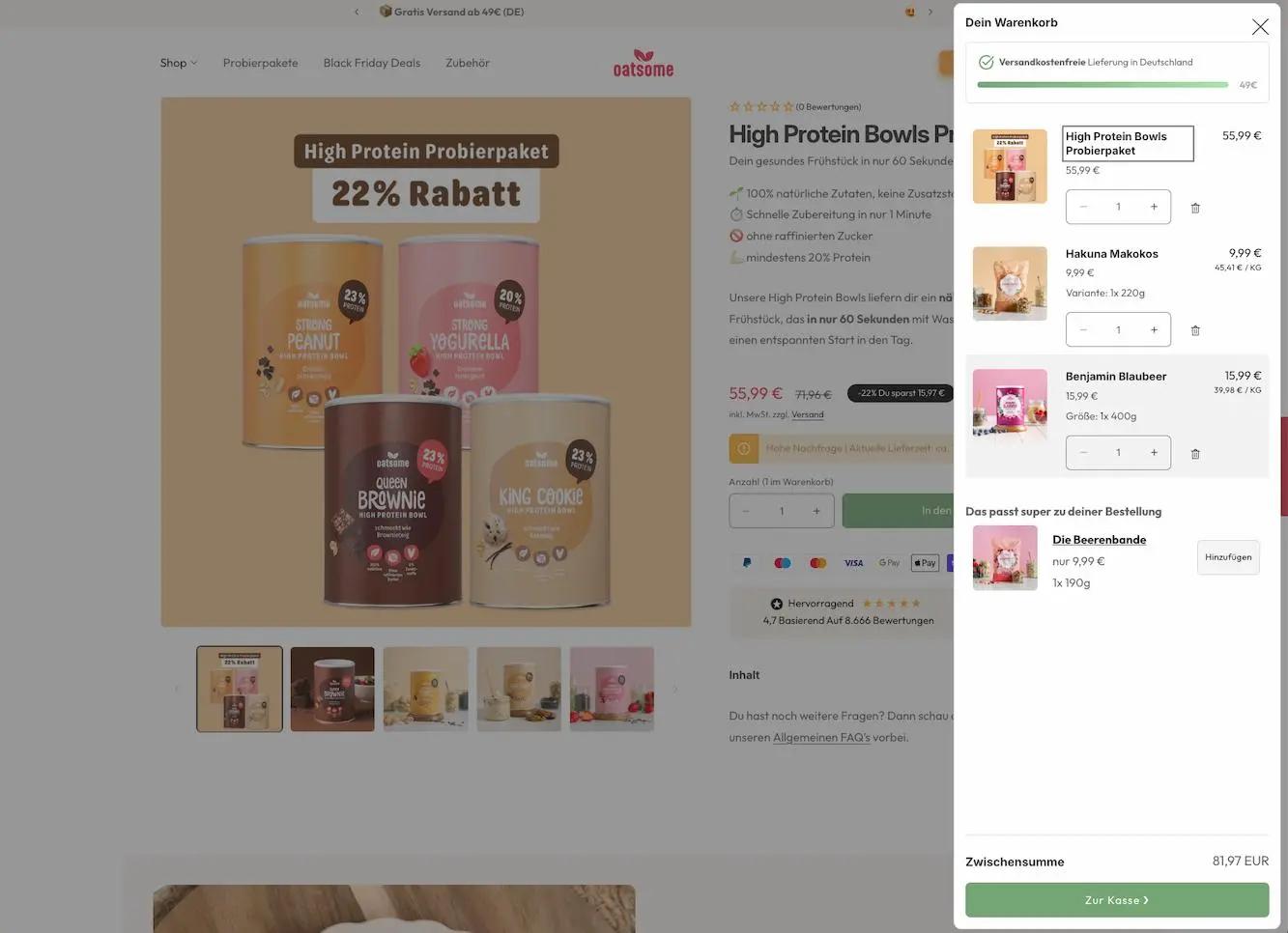 Online-Shop-Seite von Oatsome mit High Protein Bowls Probierpaket, 22% Rabatt. Einkaufswagen mit Produkten und Preisübersicht.