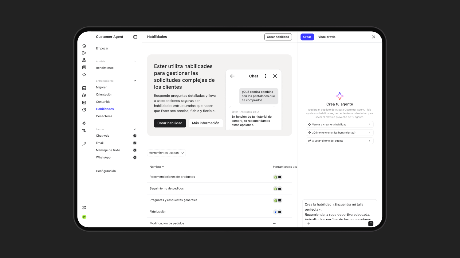 A customer agent interface showing an AI agent's 'Skills' section, a chat window, and a list of available tools.