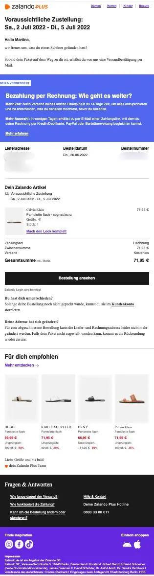 Zalando Bestellbestätigung mit voraussichtlichem Lieferdatum, Artikelübersicht und Preisdetails. Enthält Empfehlungen für ähnliche Produkte.