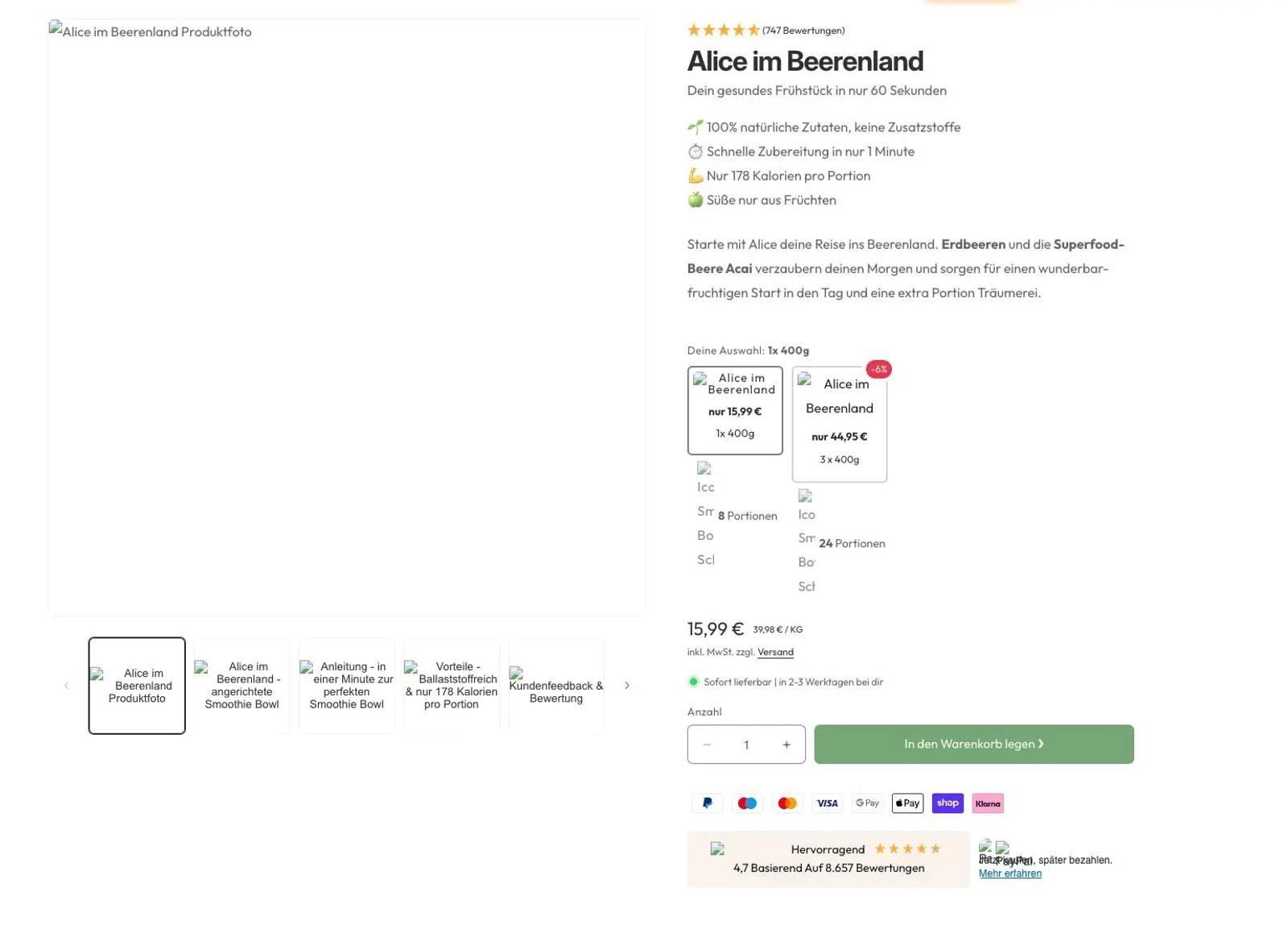 Produktseite für "Alice im Beerenland" mit Preisangaben, Produktbeschreibung und Kaufoptionen. Bewertungen: 4,7 von 5 Sternen.