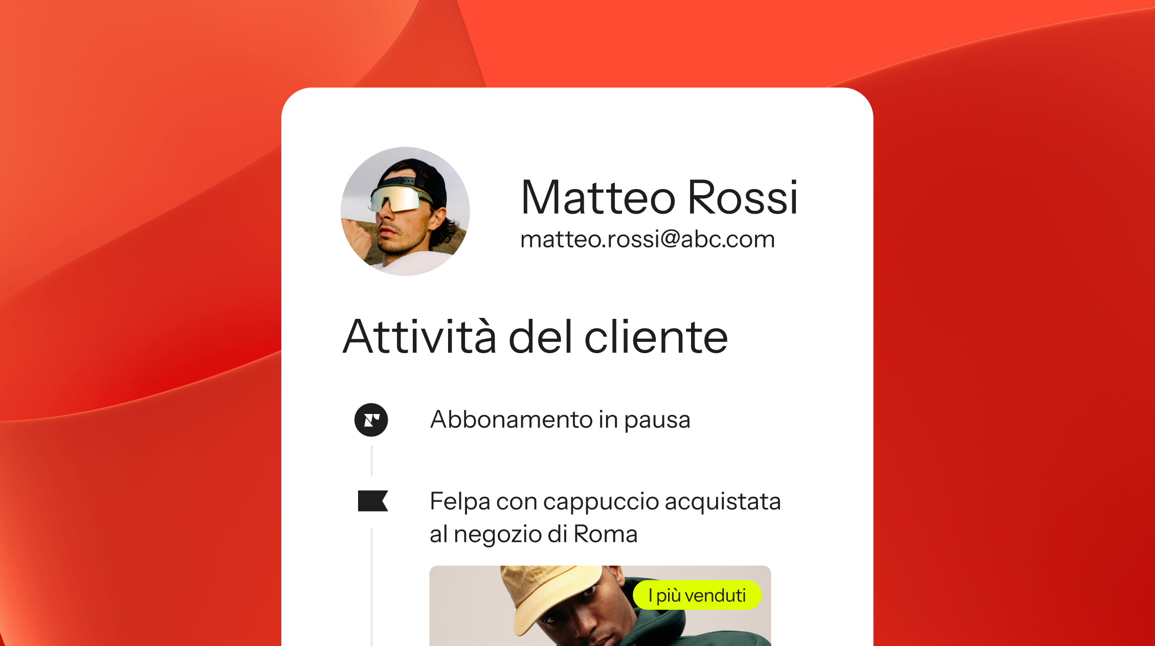 A user profile card for Matteo Rossi showing customer activity including a paused subscription and a purchased hoodie.