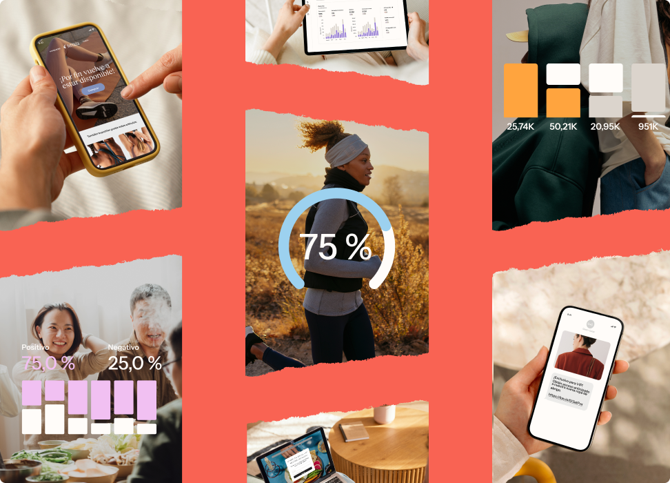 A collage of smartphone, tablet, and laptop screens showing e-commerce, data analytics, fitness tracking, and social media, set against a vibrant torn red background.