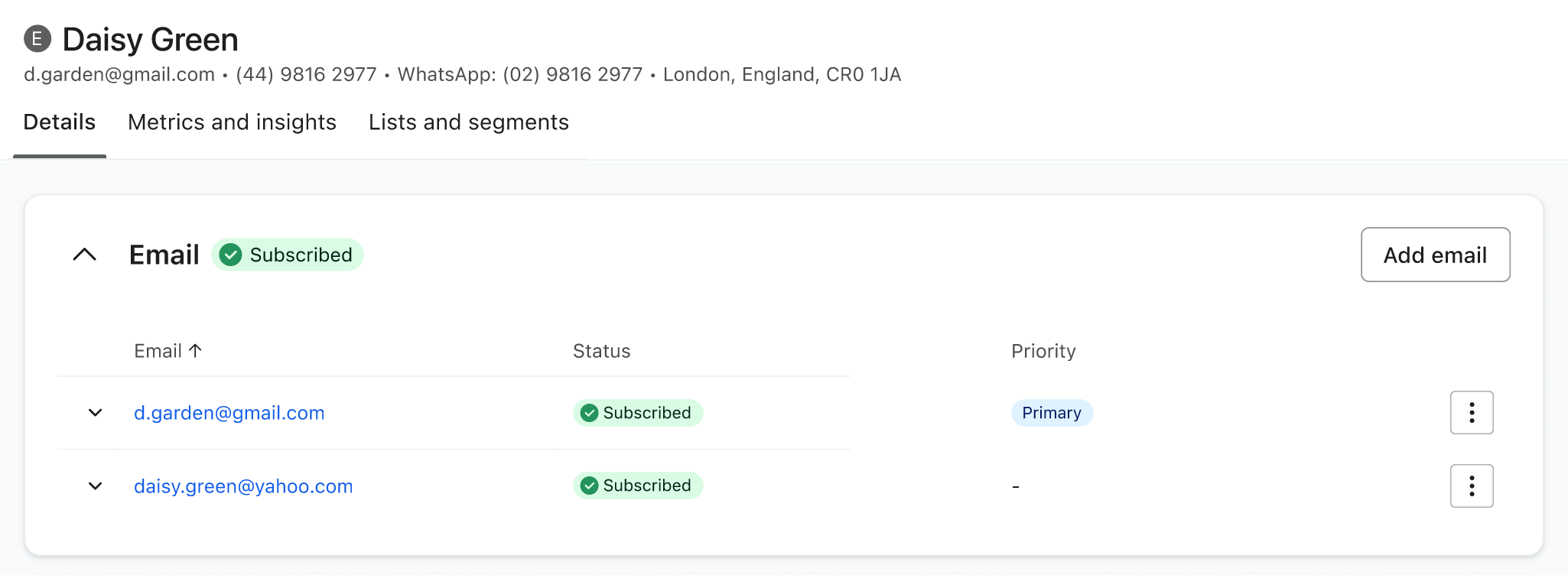 Daisy Green's profile page, displaying two subscribed email addresses with one marked as primary.