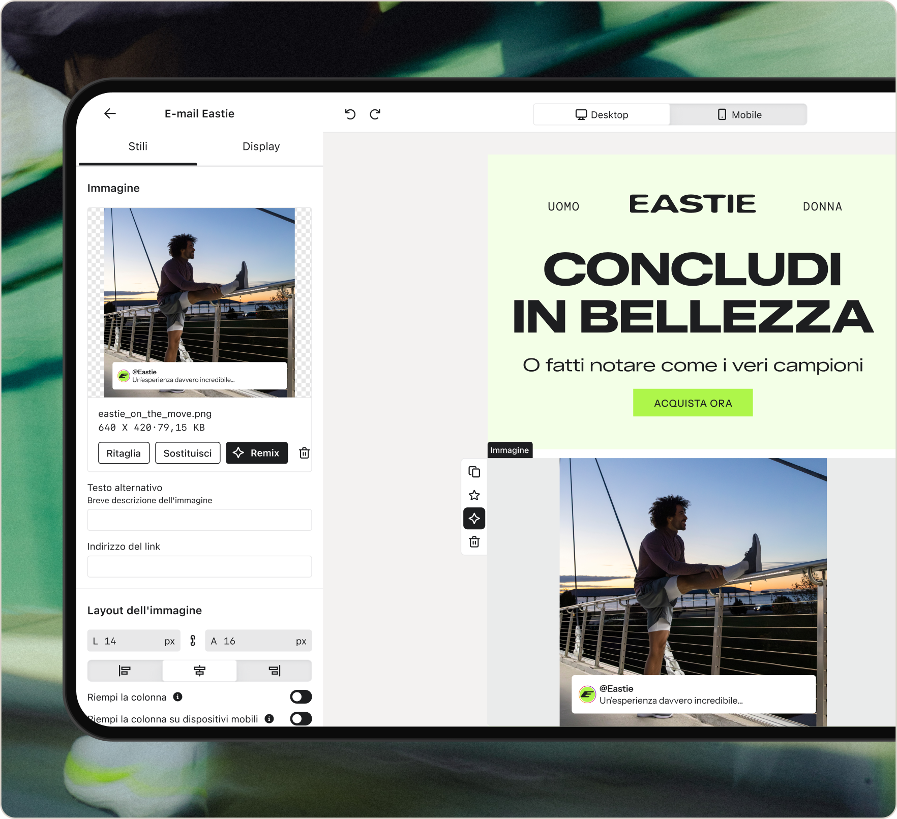 Email editor interface displaying an image of a man stretching and an alt text input field.