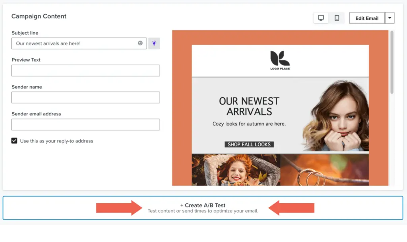 Screenshot of new email campaign with focus on button at the bottom to create A/B test