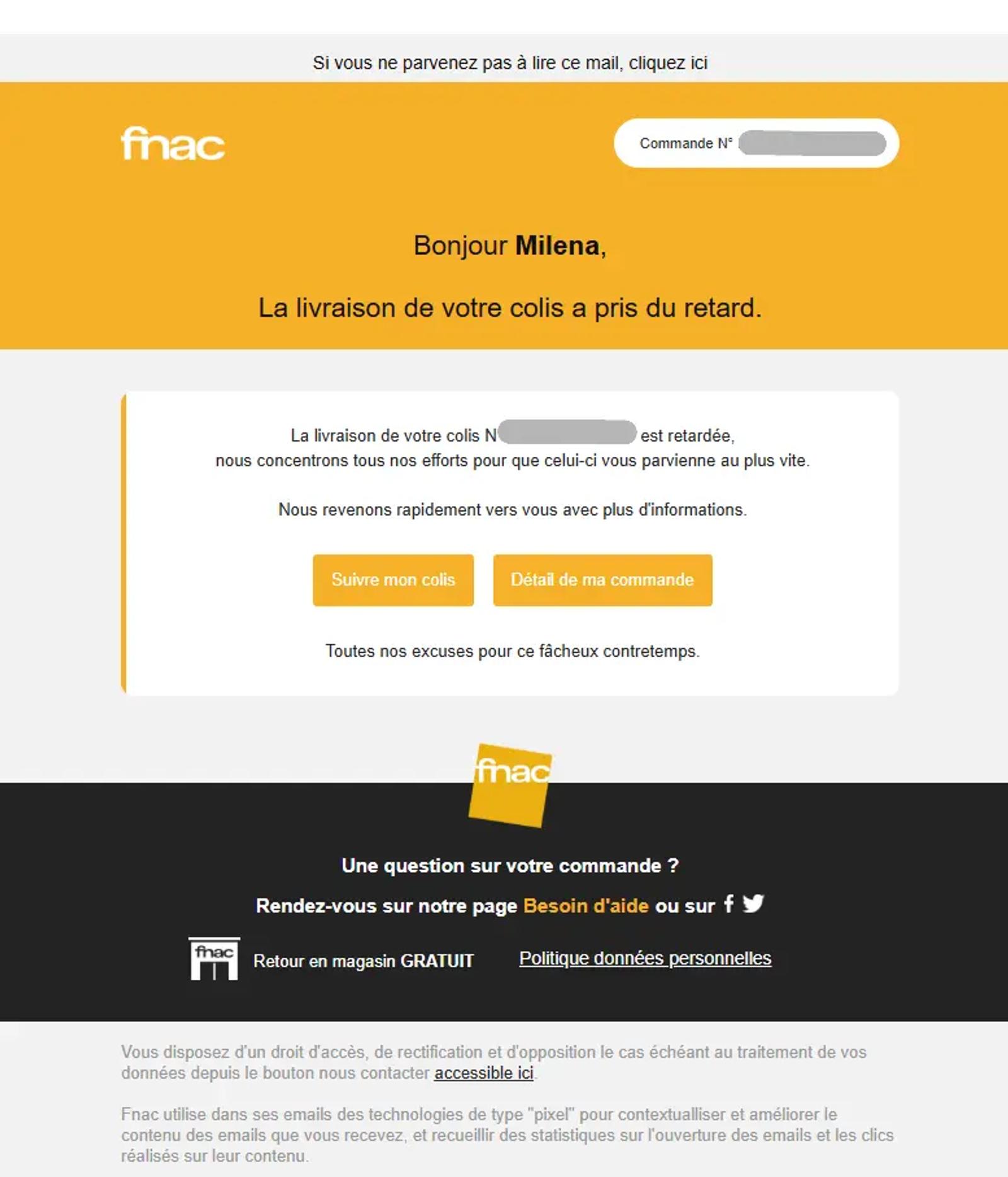Email de Fnac informant Milena d'un retard de livraison de colis, avec options pour suivre le colis ou voir les détails de la commande.