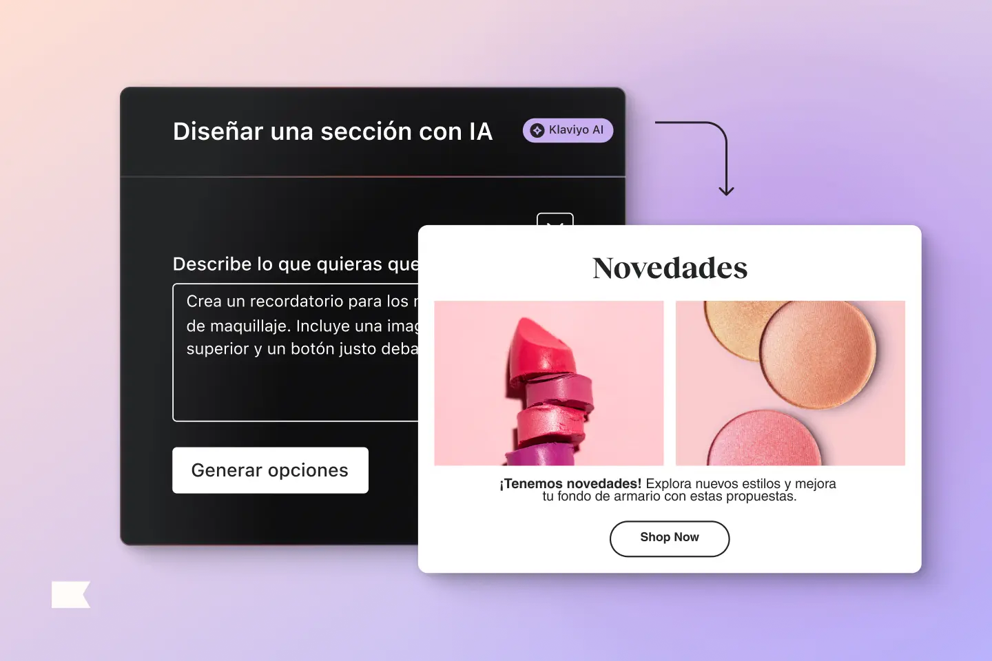 Diseño de sección con IA de Klaviyo. Muestra un recordatorio de maquillaje con imágenes de labial y sombras, y botón "Shop Now".