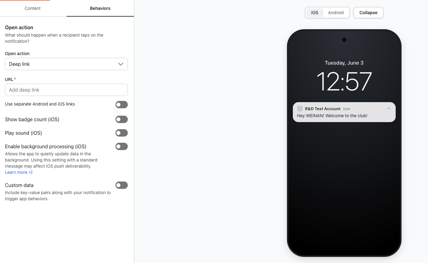 UI for configuring notification settings, including deep links and iOS options, with a preview of an iOS notification displaying "Hey WEINAN! Welcome to the club!".