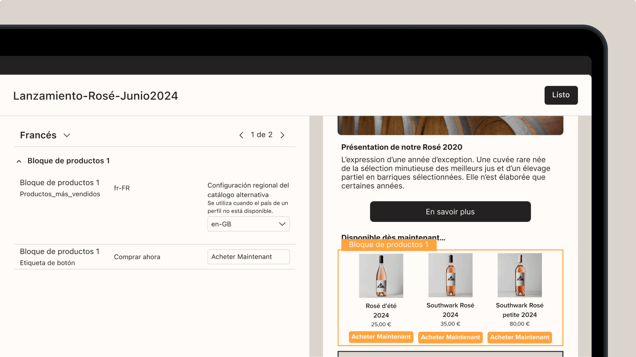 Interfaz de usuario mostrando un catálogo de productos de vino rosado, con opciones de idioma y precios en euros.