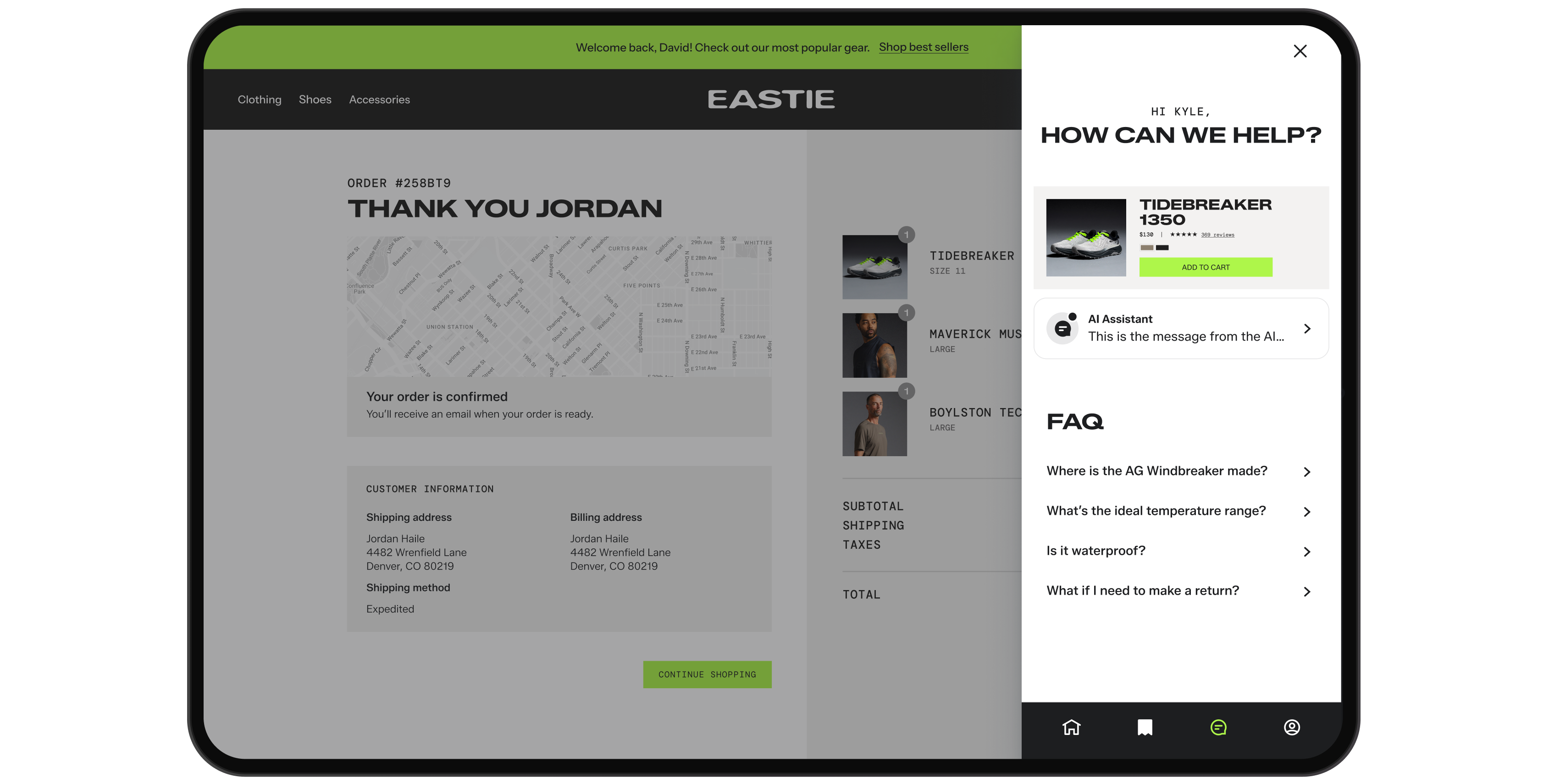 Tablet checkout page with a customer support panel showing a shoe, AI assistant, and FAQs.