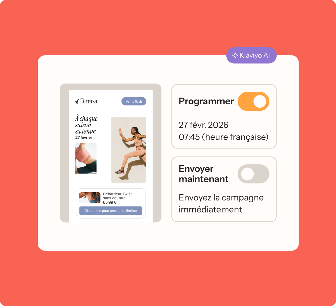 Interface de programmation de campagne email avec aperçu d'une publicité « À chaque saison sa tenue »