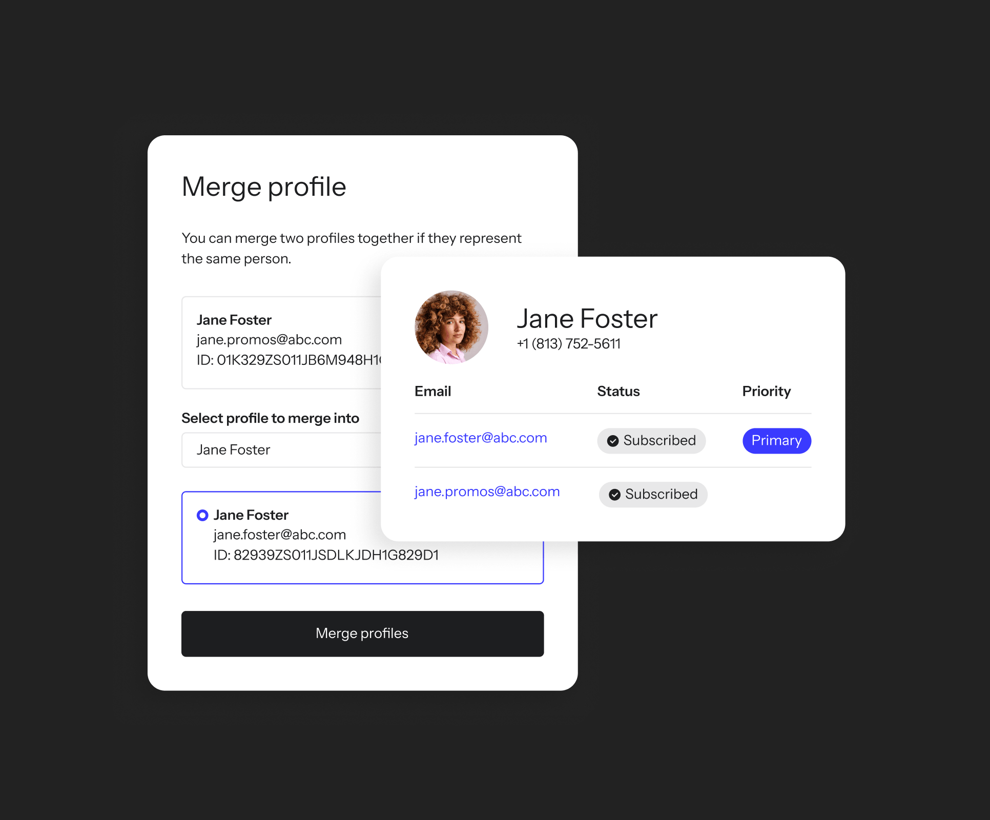 The Klaviyo "Merge profile" interface combining two Jane Foster profiles into one, with jane.foster@abc.com set as the primary email and jane.promos@abc.com as a secondary, both subscribed.