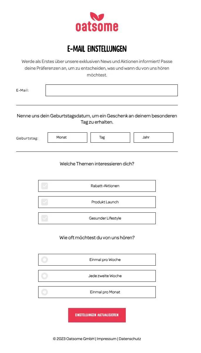 E-Mail-Einstellungen Formular von Oatsome mit Feldern für E-Mail, Geburtstag und Themenauswahl. Optionen für Benachrichtigungshäufigkeit.