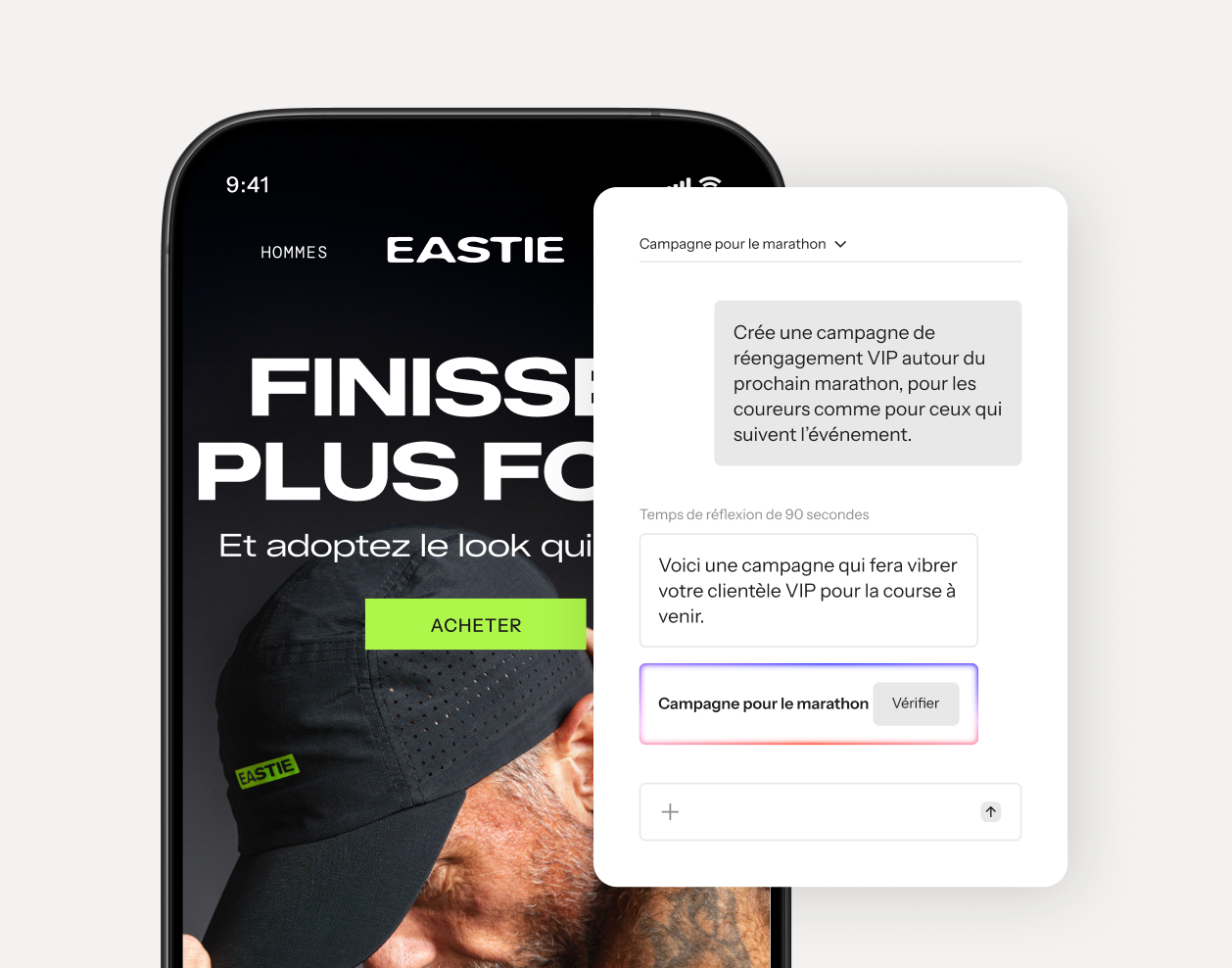 A smartphone displaying an EASTIE e-commerce site is overlaid by a campaign generation tool showing French text for a marathon VIP re-engagement campaign.