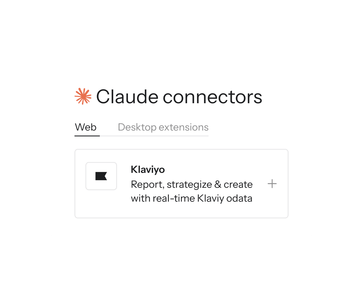 Claude connectors interface showing a Klaviyo integration card under the Web tab.