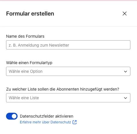 Formularerstellungsseite mit Feldern für Formularname, Formularart und Abonnentenliste. Datenschutzoption ist aktiviert.
