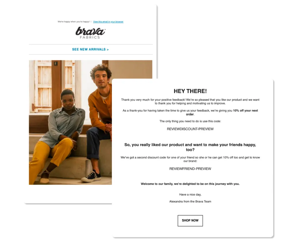 Correo electrónico de seguimiento de reseñas de Brava Fabrics