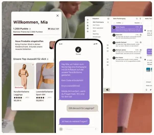 Smartphone mit Chat-Nachrichten, umgeben von CRM-System-Elementen wie Kundenprofil und Produktvorschlägen.