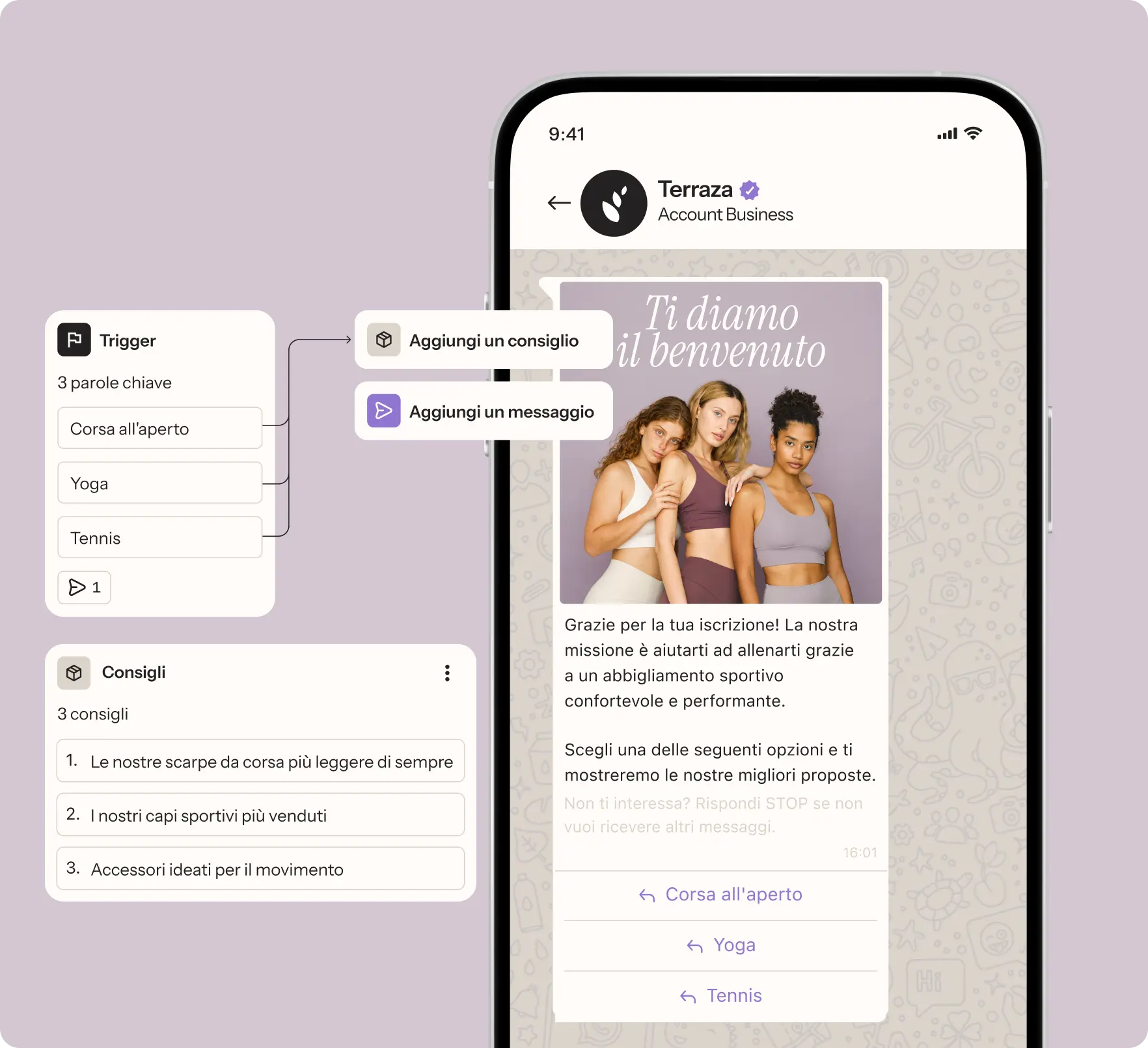 Messaggio WhatsApp dall’account business Terraza che mostra consigli sull'abbigliamento sportivo basati su parole chiave: corsa all’aperto, yoga, tennis.