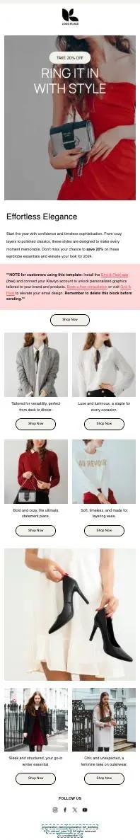 E-Mail-Marketing-Vorlage für Silvester mit Modefokus. Enthält Bilder von eleganter Kleidung und Accessoires, Rabattangebot und Call-to-Action-Buttons.
