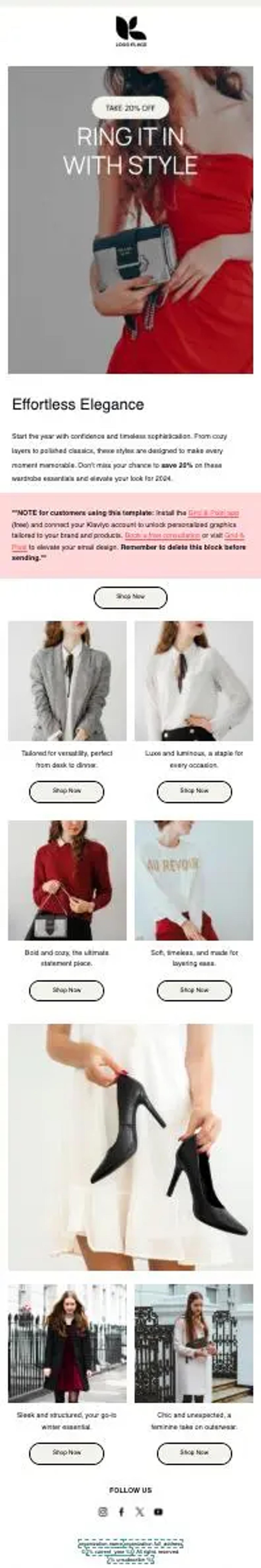 E-Mail-Marketing-Vorlage für Silvester mit Modefokus. Enthält Bilder von eleganter Kleidung und Accessoires, Rabattangebot und Call-to-Action-Buttons.