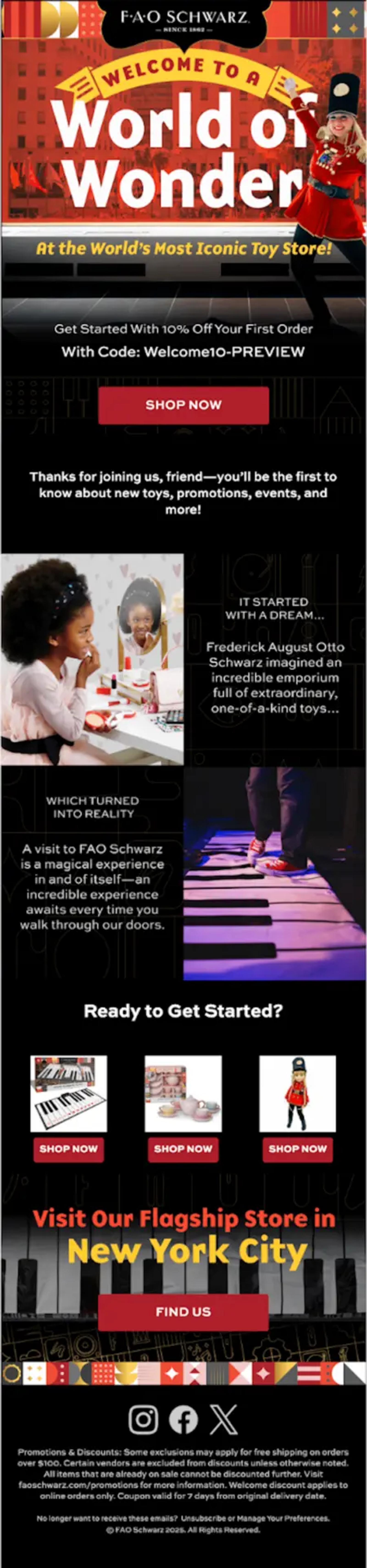 Image shows a marketing email from FAO Schwarz, the iconic toy store. The header reads “Welcome to a World of Wonder” and the email features pictures of their most popular toys.